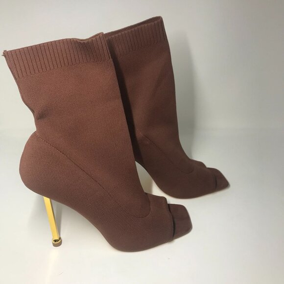 Liliana Brown Fabric Knit Sock High Heel Peep Toe Stiletto Booties Size 10 - Picture 8 of 8